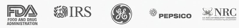 Logos of past client or employer organizations including FDA, IRS, GE, PepsiCo, and NRC